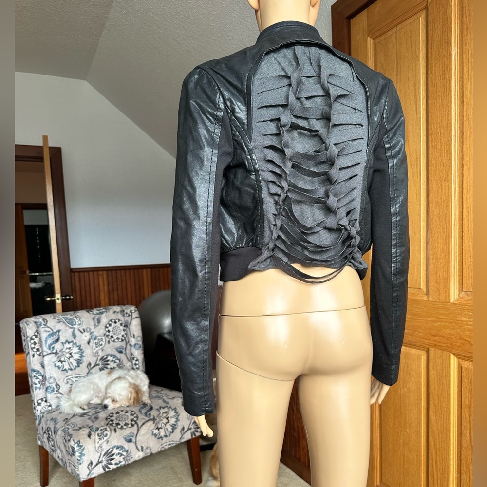 BCBGMAXAZRIA leather black cropped jacket with cutout design jersey size XS